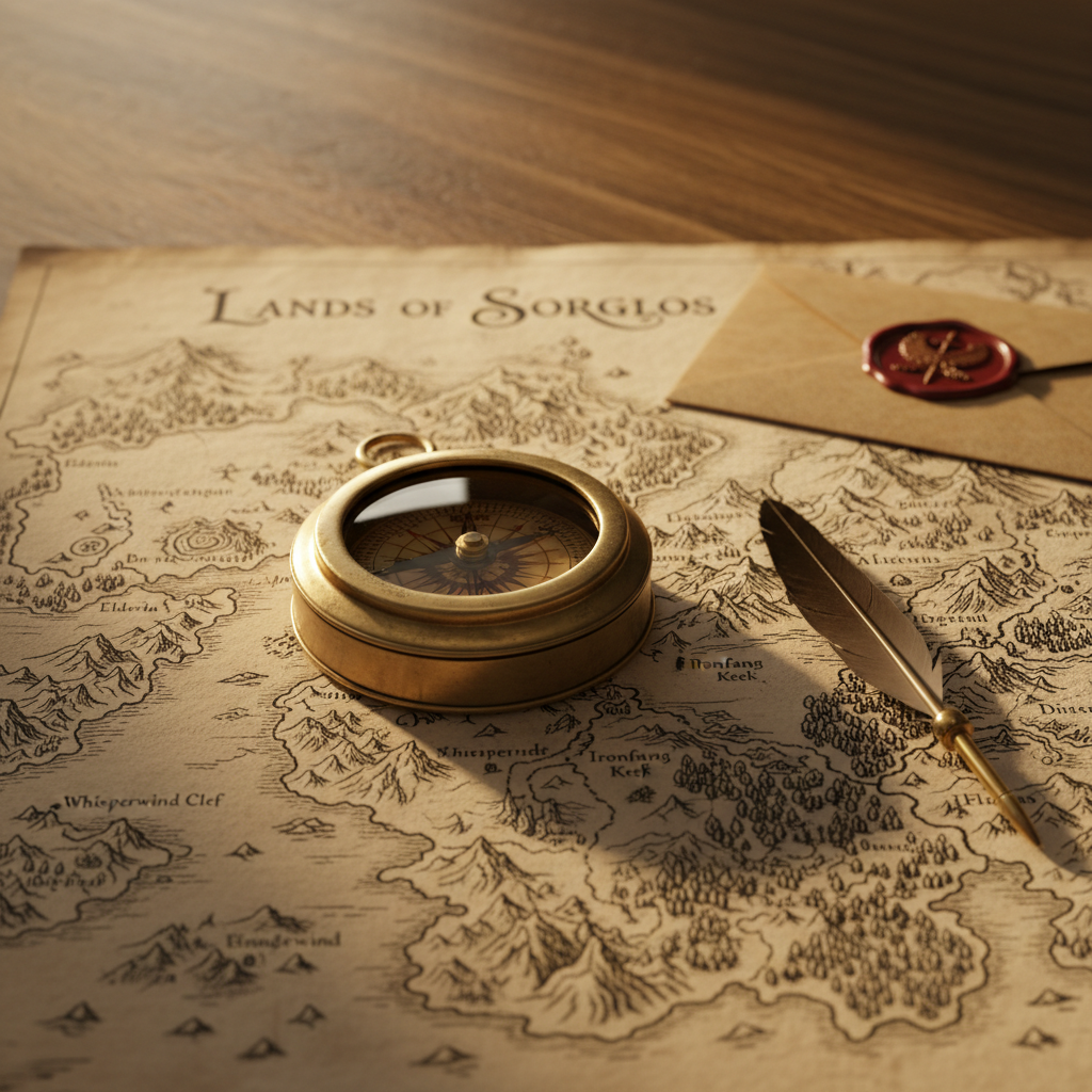 An ornate, antique compass made of brushed brass resting on a detailed, hand-drawn fantasy map labeled “Lands of Sorglos,” spread across a heavy oak table. The map features fine inked coastlines, mountain ranges, and unfamiliar city names, with a slender quill lying diagonally across it. A sealed wax envelope bearing a unique crest sits in the corner, hinting at secret messages from the saga. Gentle golden hour light streams from the left, casting long, dramatic shadows and subtle highlights on the metal surfaces. Photographic realism with a cinematic, slightly low angle and shallow depth of field, creating a mysterious, adventurous mood that reflects the epic scope of Kieran Brightwood’s worldbuilding.