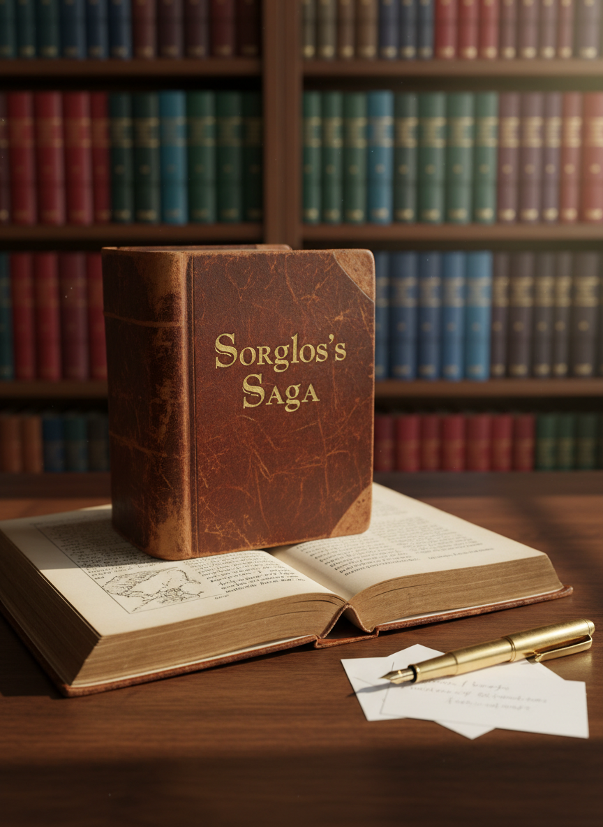 A well-worn, leather-bound fantasy novel titled “Sorglos’s Saga” resting open on a dark walnut desk, its thick cream pages filled with elegant black type and a faint map illustration in the margins. Beside it, a brass fountain pen and a small stack of neatly arranged index cards hint at careful plotting. In the background, tall bookshelves fade into a soft blur, lined with hardbacks in deep jewel tones. Warm afternoon light pours through an unseen window, creating golden highlights on the leather texture and gentle shadows along the page edges. Photographic realism, eye-level composition, shallow depth of field, and a professional, contemplative mood that suggests a dedicated author’s workspace.