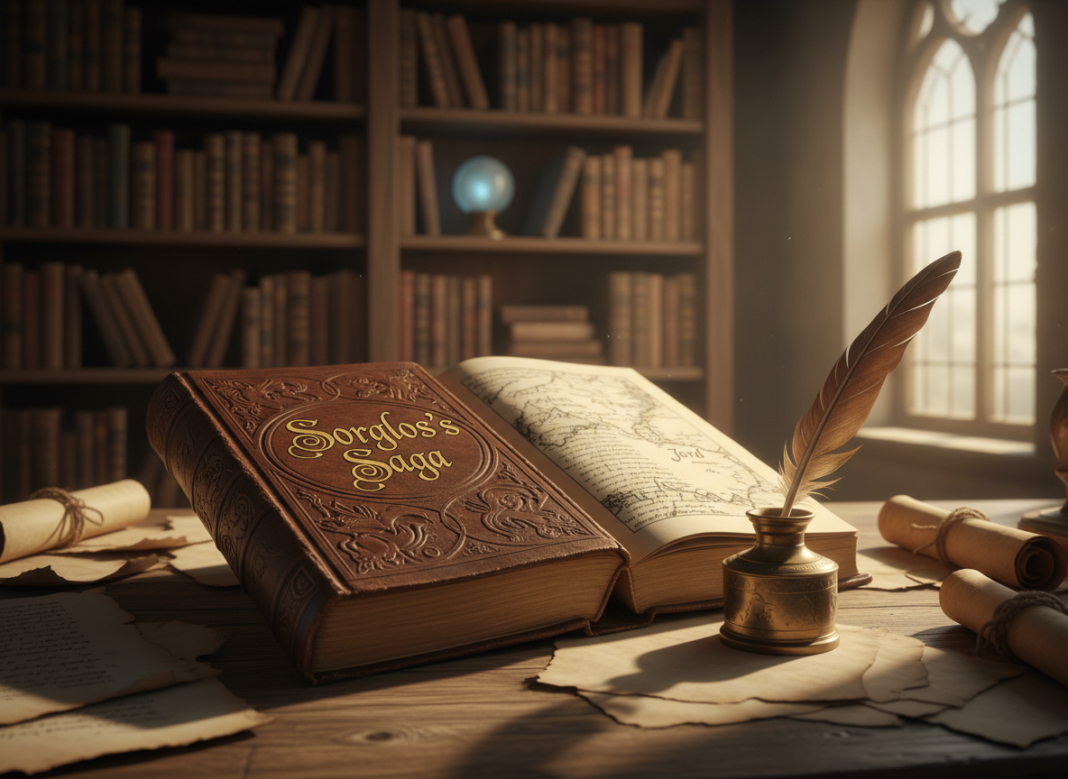 A richly detailed leather-bound fantasy novel titled “Sorglos’s Saga” rests open on an aged oak writing desk, its creamy pages filled with elegant, inky script and a faint map of the world of Jord ghosted in the margins. Beside it, a brass inkwell and quill catch soft golden-hour light pouring through a tall mullioned window, casting elongated, sophisticated shadows across scattered parchment. In the blurred background, towering bookshelves hold worn tomes and a single crystal orb glows faintly. Photographic realism, shot at an eye-level angle with shallow depth of field, creates an intimate, contemplative atmosphere that feels like the private study of an epic fantasy author at work.